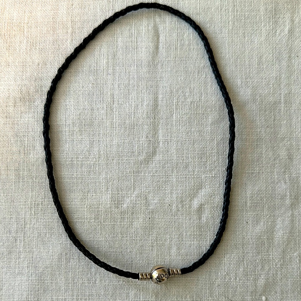 Pandora braided cord black leather choker with silver ball clasp. 7” diameter